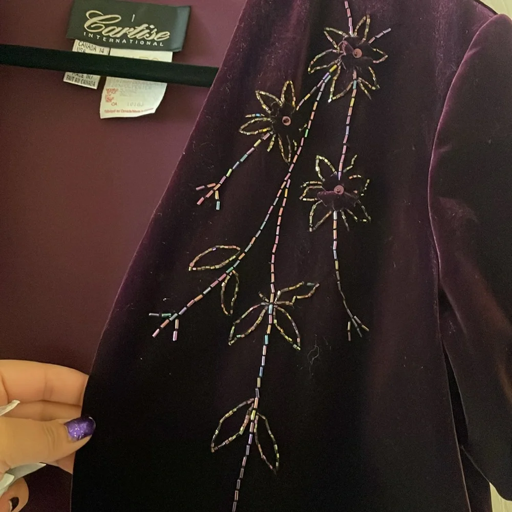 Vintage plum aubergine purple velvet beaded bolero shrug cropped cardigan - Picture 2 of 6